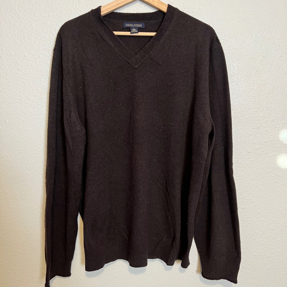 Banana Republic Mens V Neck‎ Lambswool Cashmere Dark Brown Sweater XL